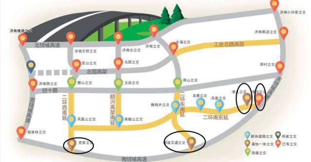 凤凰山立交桥(与二环西南延相交),英雄山立交桥(与顺河高架南延